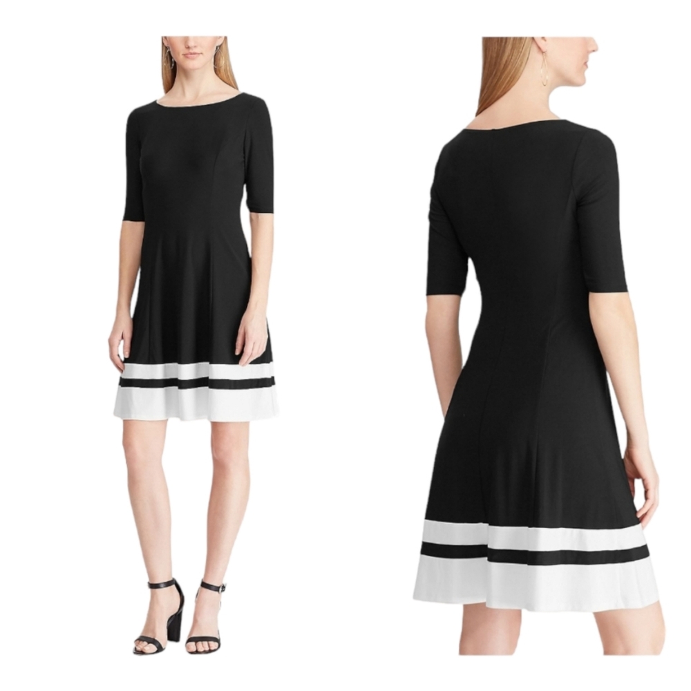 Chaps Women's Short Sleeve Fit and Flare Dress Black Dress With White Trim Sz XL